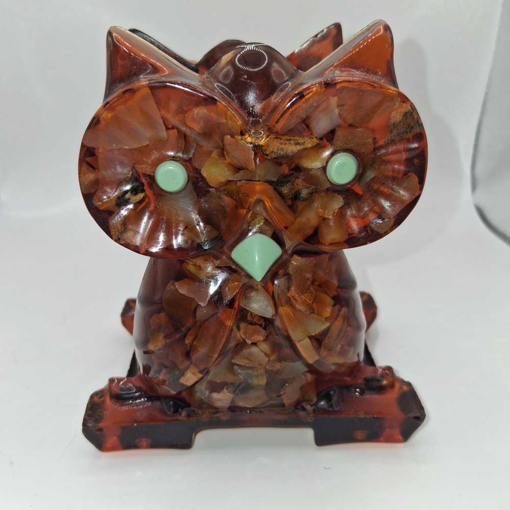 Vintage Lucite and Petrified Wood Owl Napkin Holder 70's Groovy Retro EUC